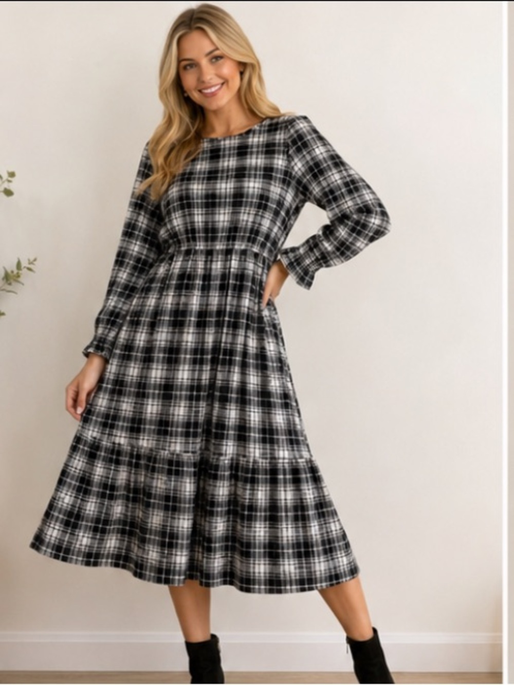 Terra & Sky Womens 1X Plaid Long Sleeve Tiered Midi Dress Black White Peasant